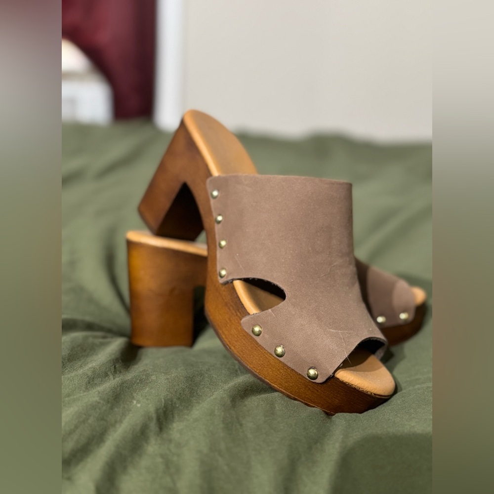 Brown Wooden Heel Mules